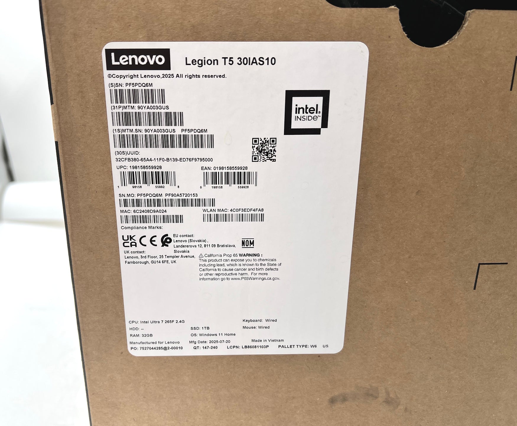 New Lenovo Legion T5 30IAS10 Intel Ultra 7 265F 32GB 1TB SSD