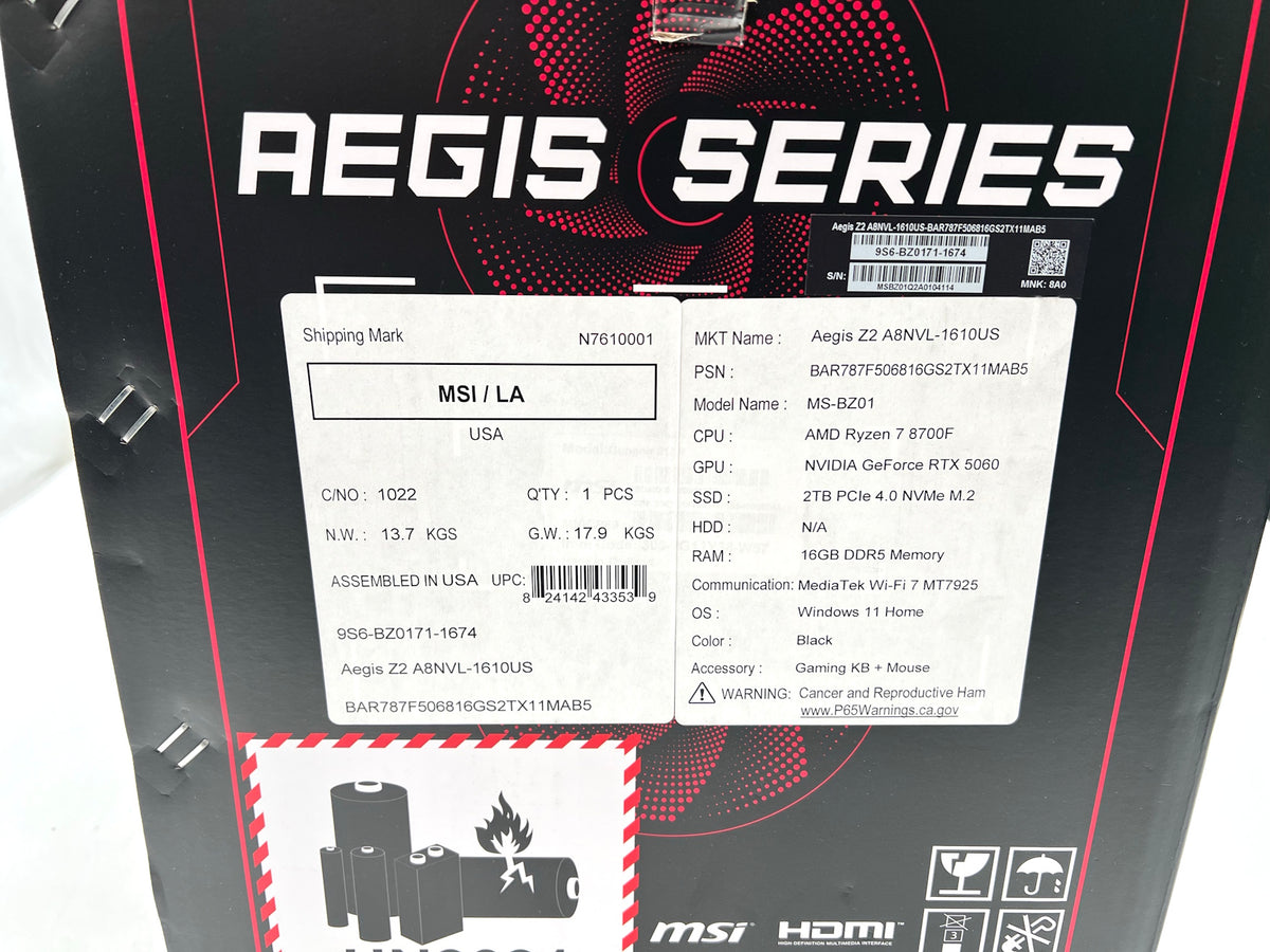 MSI Aegis Z2 PC Ryzen 7 8700F 16GB 2TB SSD GeForce RTX 5060 - New/Open Box