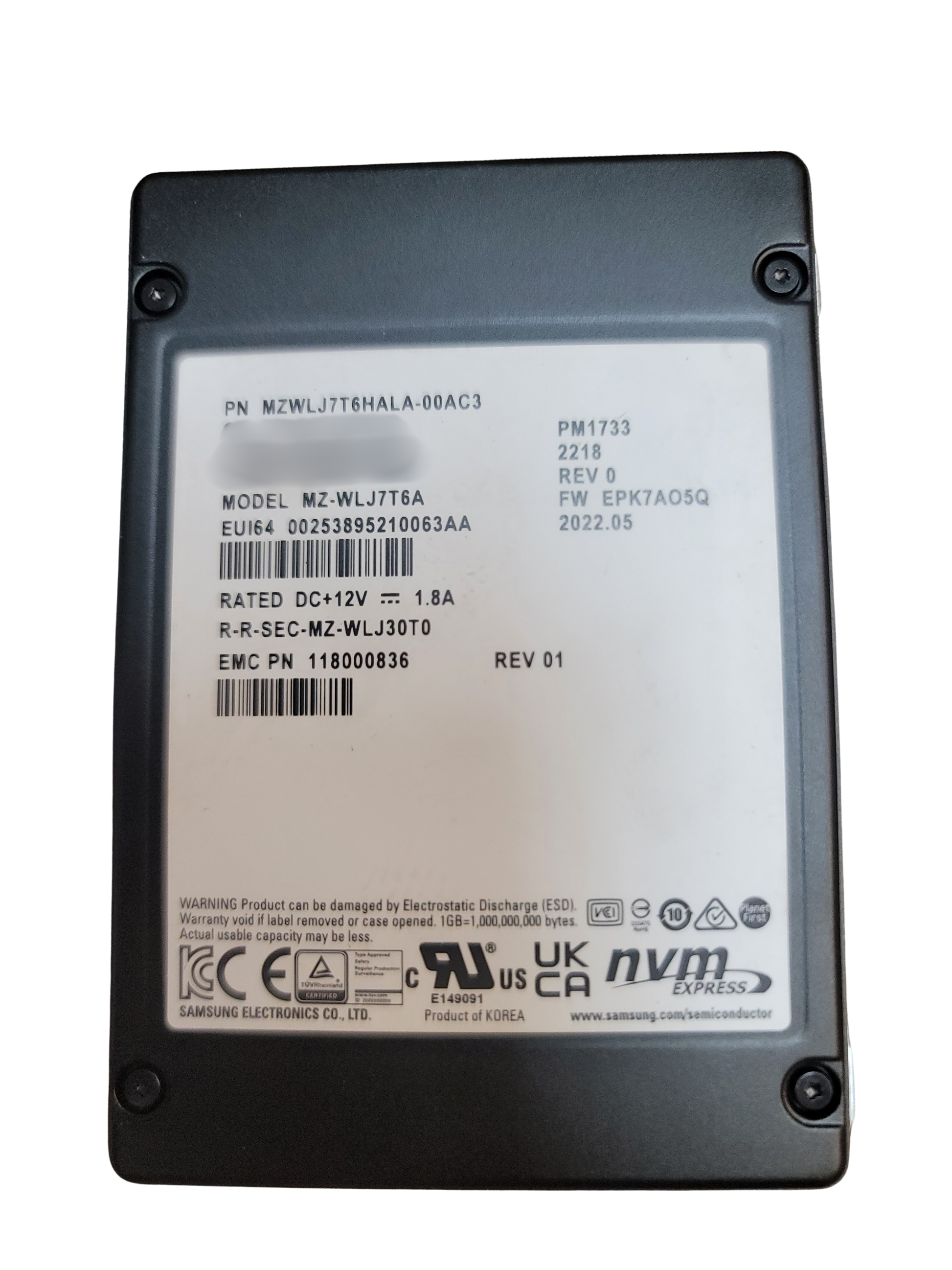Samsung PM1733 7.68TB NVME SSD - MZWLJ7T6HALA-00AC3