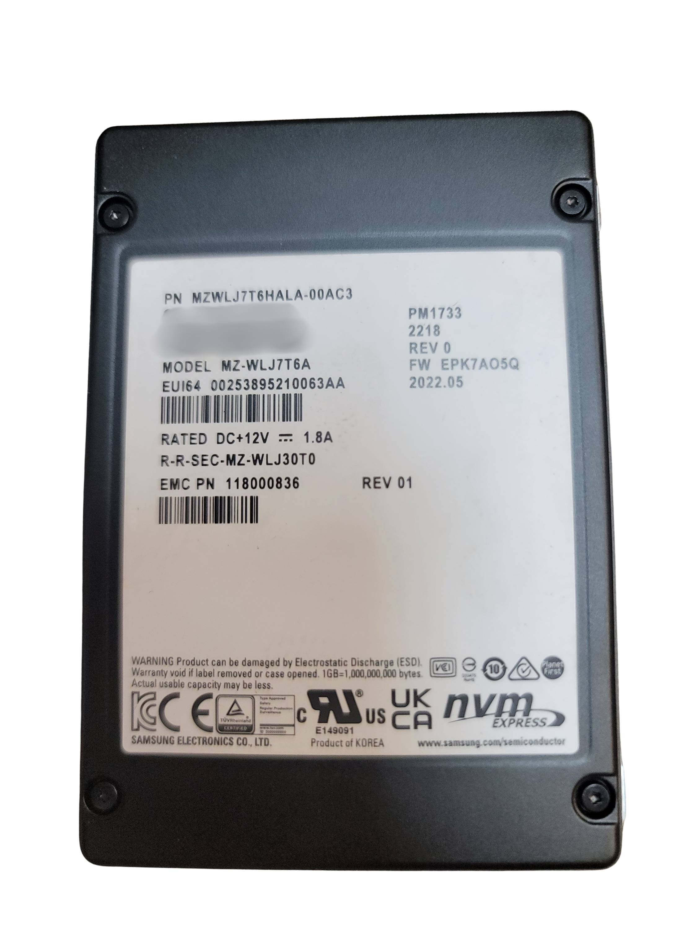 Samsung PM1733 7.68TB NVME SSD - MZWLJ7T6HALA-00AC3